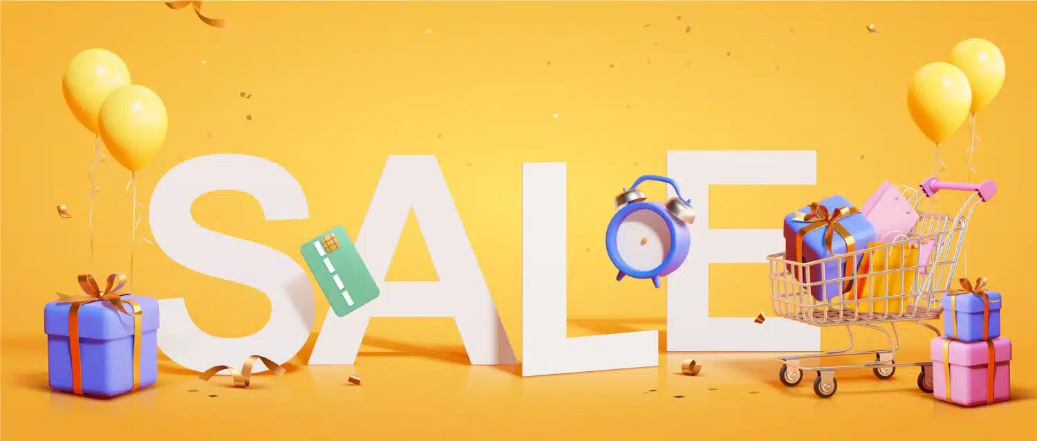 SALE in all capital letters with a yellow background and renderings of balloons, shopping cart, and wrapped gifts.