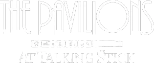 The Pavilions logo at Talking Stick in white.